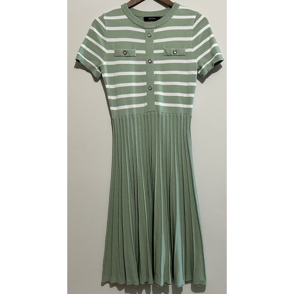 Zesica Sage Green Striped Ribbed Knit Button Pleated A Line Midi Dress M NWOT